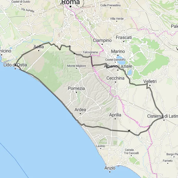 Map miniature of "Lido di Ostia Gravel Cycling Route" cycling inspiration in Lazio, Italy. Generated by Tarmacs.app cycling route planner
