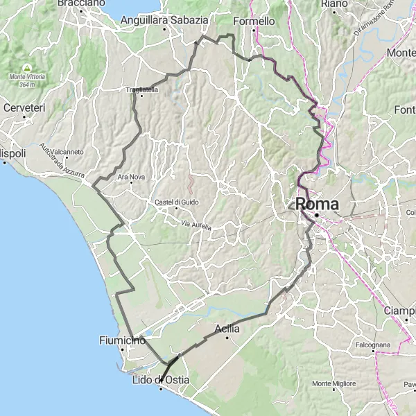 Map miniature of "Exploring the Roman Countryside" cycling inspiration in Lazio, Italy. Generated by Tarmacs.app cycling route planner