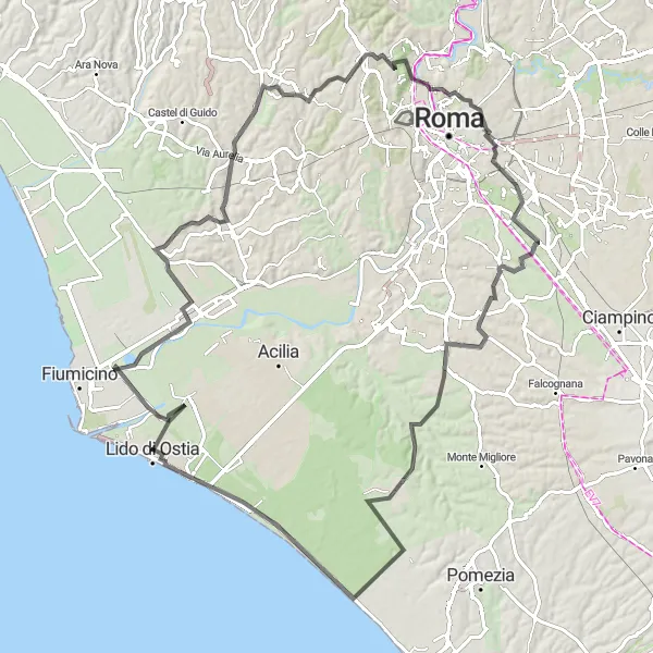 Map miniature of "The Coastal Circuit" cycling inspiration in Lazio, Italy. Generated by Tarmacs.app cycling route planner