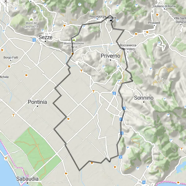 Miniatura della mappa di ispirazione al ciclismo "Tra natura e cultura nel basso Lazio" nella regione di Lazio, Italy. Generata da Tarmacs.app, pianificatore di rotte ciclistiche