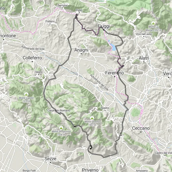 Miniatura della mappa di ispirazione al ciclismo "Alla scoperta di Maenza e dintorni" nella regione di Lazio, Italy. Generata da Tarmacs.app, pianificatore di rotte ciclistiche