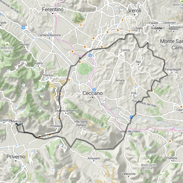 Miniatura della mappa di ispirazione al ciclismo "Tra colline e castelli" nella regione di Lazio, Italy. Generata da Tarmacs.app, pianificatore di rotte ciclistiche