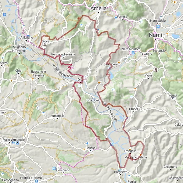 Miniatura della mappa di ispirazione al ciclismo "Giro Gravel da Magliano Sabina a San Liberato" nella regione di Lazio, Italy. Generata da Tarmacs.app, pianificatore di rotte ciclistiche