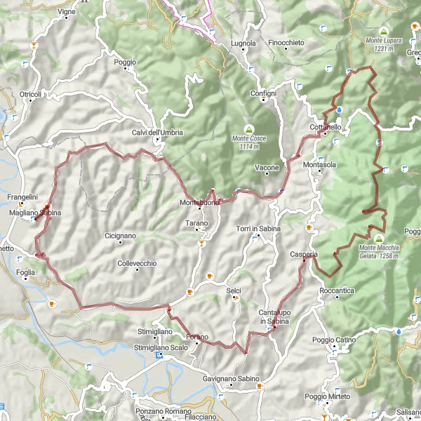 Miniatura della mappa di ispirazione al ciclismo "Tour in bicicletta da Magliano Sabina a Mura Senesi" nella regione di Lazio, Italy. Generata da Tarmacs.app, pianificatore di rotte ciclistiche