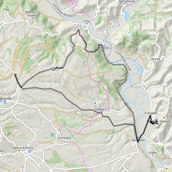 Map miniature of "Scenic Loop to Gallese" cycling inspiration in Lazio, Italy. Generated by Tarmacs.app cycling route planner