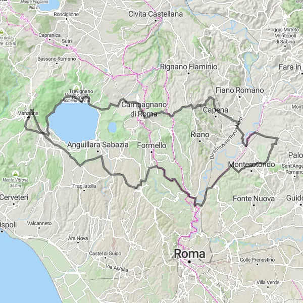 Miniatura della mappa di ispirazione al ciclismo "Giro in bici Manziana - Monte Perpignano" nella regione di Lazio, Italy. Generata da Tarmacs.app, pianificatore di rotte ciclistiche