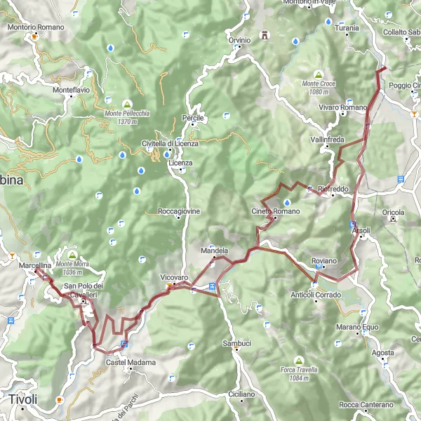 Map miniature of "Marcellina - Colle Pietro - Monte Crocetta - Riofreddo - Colle Orsini - Arsoli - Belvedere - Vicovaro - Castellicci - Marcellina" cycling inspiration in Lazio, Italy. Generated by Tarmacs.app cycling route planner