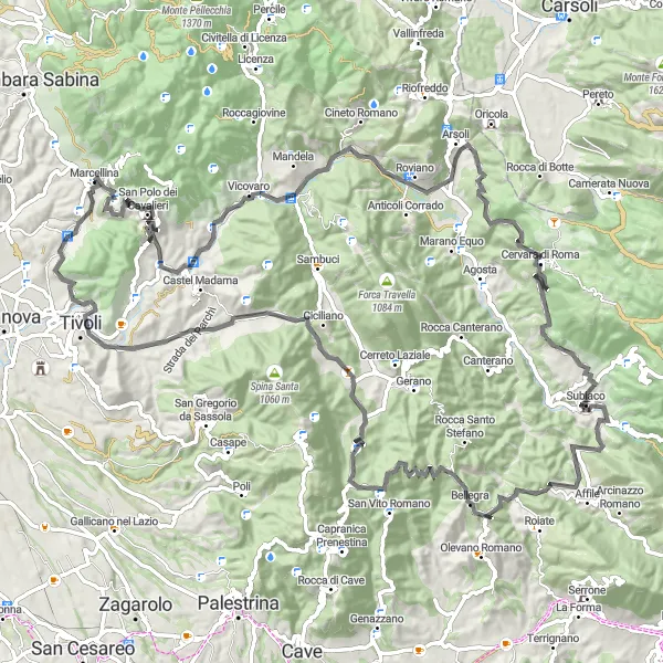 Map miniature of "Marcellina - Distinctive Road Cycling Route" cycling inspiration in Lazio, Italy. Generated by Tarmacs.app cycling route planner