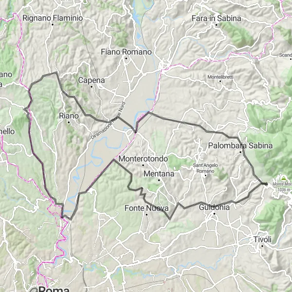 Map miniature of "Marcellina - Colle del Tesoro - Settebagni - Monte Musino - Sacrofano - Castellaccio - Castelnuovo di Porto - Colle Badiola - Colle Secco - Marcellina" cycling inspiration in Lazio, Italy. Generated by Tarmacs.app cycling route planner