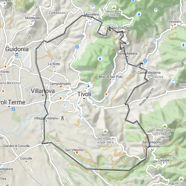 Map miniature of "Road Cycling Discovery: Castel Madama and Colle del Tesoro" cycling inspiration in Lazio, Italy. Generated by Tarmacs.app cycling route planner