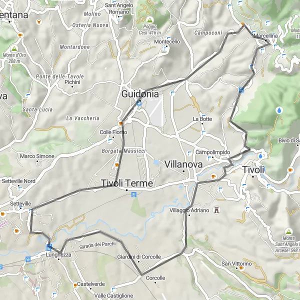 Map miniature of "Marcellina - Colle Cigliano - Villa d'Este - Lunghezza - Colle Fiorito - Colle Gioco" cycling inspiration in Lazio, Italy. Generated by Tarmacs.app cycling route planner