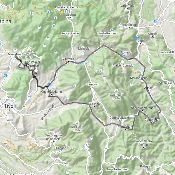 Map miniature of "Challenging Road Cycling Route to Rocca Canterano and Castel Madama" cycling inspiration in Lazio, Italy. Generated by Tarmacs.app cycling route planner