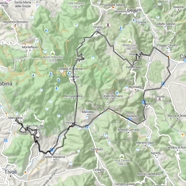 Map miniature of "Marcellina Road Adventure" cycling inspiration in Lazio, Italy. Generated by Tarmacs.app cycling route planner