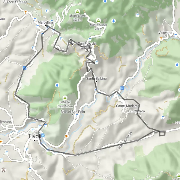 Map miniature of "Cycling Route to Colle Pietro and Villa d'Este" cycling inspiration in Lazio, Italy. Generated by Tarmacs.app cycling route planner