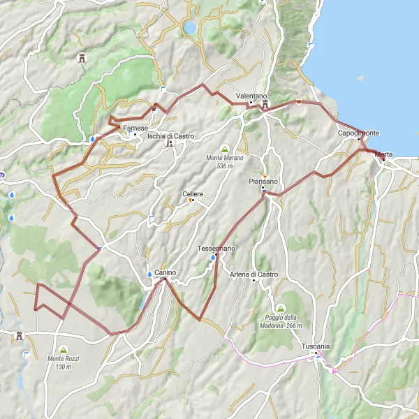 Miniatura della mappa di ispirazione al ciclismo "Giro in bicicletta tra Marta e le colline circostanti" nella regione di Lazio, Italy. Generata da Tarmacs.app, pianificatore di rotte ciclistiche
