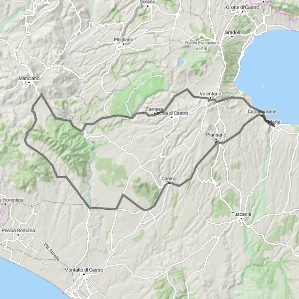 Miniatura della mappa di ispirazione al ciclismo "Giro ciclistico tra Colline e Paesaggi suggestivi" nella regione di Lazio, Italy. Generata da Tarmacs.app, pianificatore di rotte ciclistiche