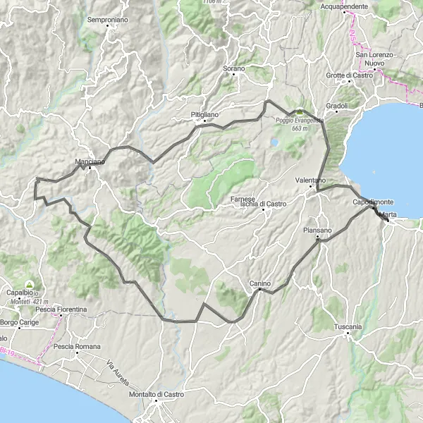 Miniatura della mappa di ispirazione al ciclismo "Giro panoramico intorno al Lago di Bolsena" nella regione di Lazio, Italy. Generata da Tarmacs.app, pianificatore di rotte ciclistiche