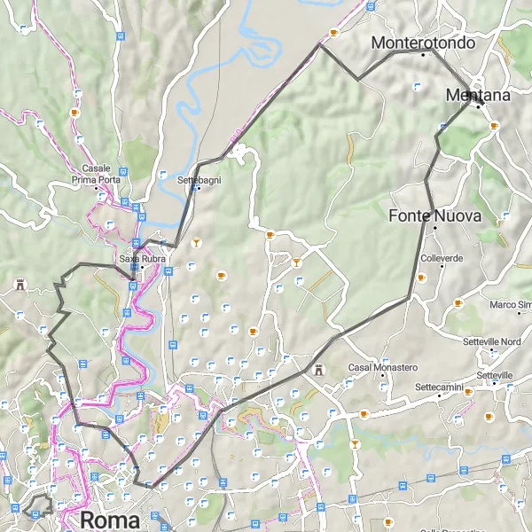Miniatura della mappa di ispirazione al ciclismo "Ciclovia panoramica da Mentana a Monterotondo" nella regione di Lazio, Italy. Generata da Tarmacs.app, pianificatore di rotte ciclistiche