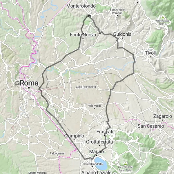 Miniatura della mappa di ispirazione al ciclismo "Giro in bicicletta da Mentana al Monte d'Oro" nella regione di Lazio, Italy. Generata da Tarmacs.app, pianificatore di rotte ciclistiche