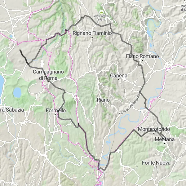Miniatura della mappa di ispirazione al ciclismo "Giro in bici da Mentana a Monterotondo" nella regione di Lazio, Italy. Generata da Tarmacs.app, pianificatore di rotte ciclistiche