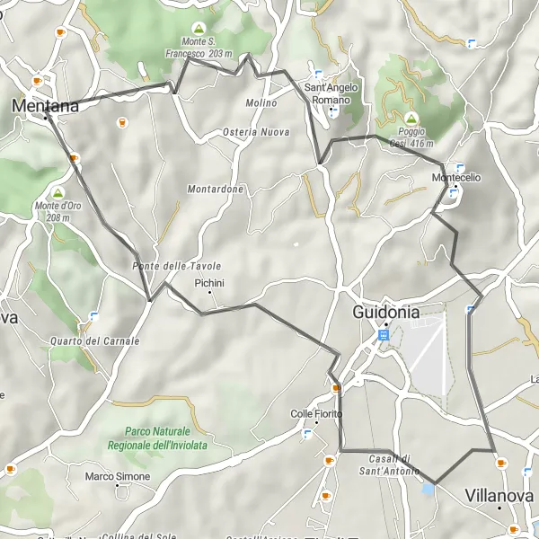 Miniatura della mappa di ispirazione al ciclismo "Giro in bicicletta da Mentana a Sant'Angelo Romano" nella regione di Lazio, Italy. Generata da Tarmacs.app, pianificatore di rotte ciclistiche