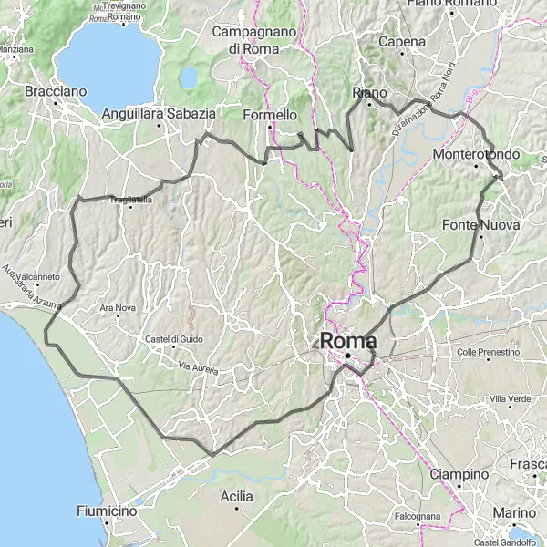 Miniatura della mappa di ispirazione al ciclismo "Tour in bicicletta da Mentana a Riano" nella regione di Lazio, Italy. Generata da Tarmacs.app, pianificatore di rotte ciclistiche
