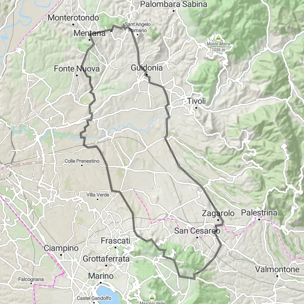 Miniatura della mappa di ispirazione al ciclismo "Giro in bicicletta da Mentana a Fonte Nuova" nella regione di Lazio, Italy. Generata da Tarmacs.app, pianificatore di rotte ciclistiche