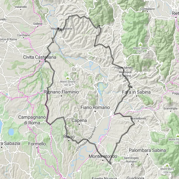 Miniatura della mappa di ispirazione al ciclismo "Giro in bicicletta tra Mentana e Monte Lombrica" nella regione di Lazio, Italy. Generata da Tarmacs.app, pianificatore di rotte ciclistiche