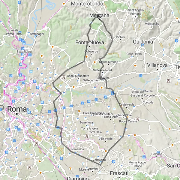 Miniatura della mappa di ispirazione al ciclismo "Giro in bici da Monte d'Oro a Fonte Nuova" nella regione di Lazio, Italy. Generata da Tarmacs.app, pianificatore di rotte ciclistiche