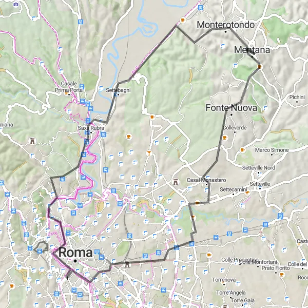 Miniatura della mappa di ispirazione al ciclismo "Percorso ciclistico da Monte d'Oro a Roma" nella regione di Lazio, Italy. Generata da Tarmacs.app, pianificatore di rotte ciclistiche