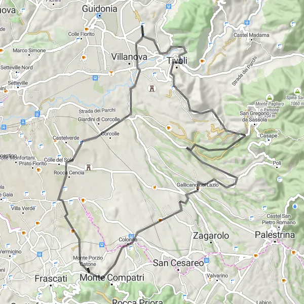 Miniatura della mappa di ispirazione al ciclismo "Tour cicloturistico tra Monte Catillo e Monte Compatri" nella regione di Lazio, Italy. Generata da Tarmacs.app, pianificatore di rotte ciclistiche