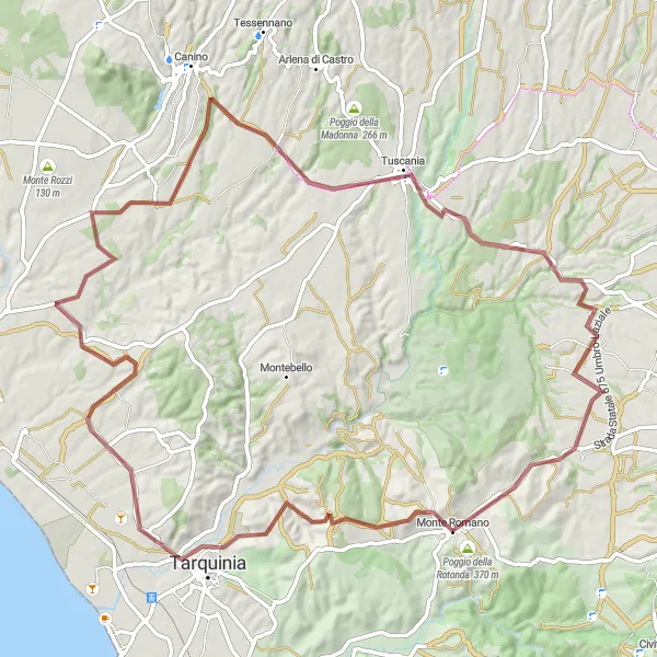 Miniatura della mappa di ispirazione al ciclismo "Circuito Monte Romano - Poggio Guardiano" nella regione di Lazio, Italy. Generata da Tarmacs.app, pianificatore di rotte ciclistiche