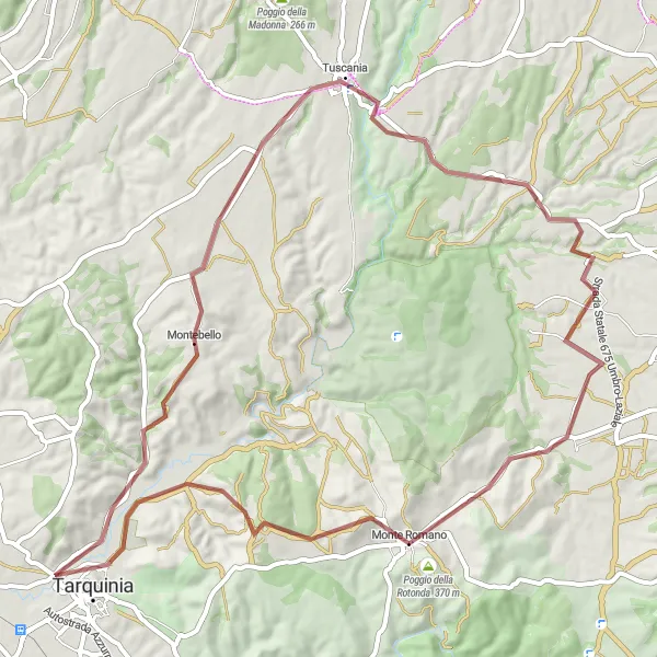 Map miniature of "Hidden Gems of Monte Romano" cycling inspiration in Lazio, Italy. Generated by Tarmacs.app cycling route planner