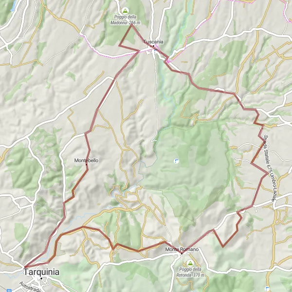 Miniatura della mappa di ispirazione al ciclismo "Esplorazione in Gravel nei Dintorni di Monte Romano" nella regione di Lazio, Italy. Generata da Tarmacs.app, pianificatore di rotte ciclistiche