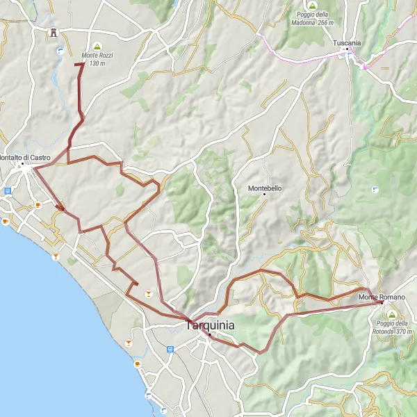 Miniatura della mappa di ispirazione al ciclismo "Gravel tra Poggio e Tarquinia" nella regione di Lazio, Italy. Generata da Tarmacs.app, pianificatore di rotte ciclistiche