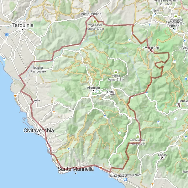 Miniatura della mappa di ispirazione al ciclismo "Giro in Gravel intorno a Monte Romano" nella regione di Lazio, Italy. Generata da Tarmacs.app, pianificatore di rotte ciclistiche