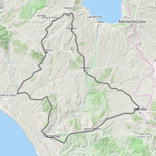 Map miniature of "Monte Romano Epic Road Cycling Route" cycling inspiration in Lazio, Italy. Generated by Tarmacs.app cycling route planner