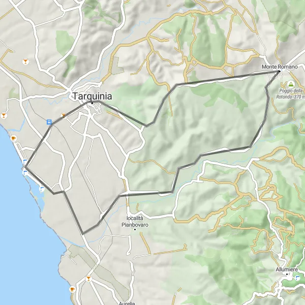 Miniatura della mappa di ispirazione al ciclismo "Avventura su Strada a Monte Romano" nella regione di Lazio, Italy. Generata da Tarmacs.app, pianificatore di rotte ciclistiche