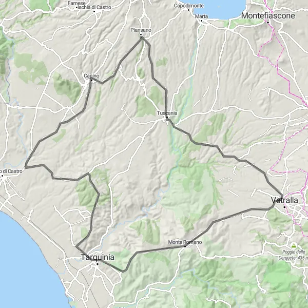Miniatura della mappa di ispirazione al ciclismo "Cicloturismo da Monte Romano a Tarquinia" nella regione di Lazio, Italy. Generata da Tarmacs.app, pianificatore di rotte ciclistiche