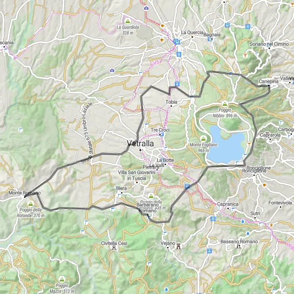Miniatura della mappa di ispirazione al ciclismo "Sfida in Salita intorno a Monte Romano" nella regione di Lazio, Italy. Generata da Tarmacs.app, pianificatore di rotte ciclistiche