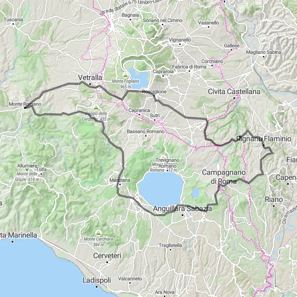 Miniatura della mappa di ispirazione al ciclismo "Giro in bici da Monte Romano a Monte Calvo" nella regione di Lazio, Italy. Generata da Tarmacs.app, pianificatore di rotte ciclistiche