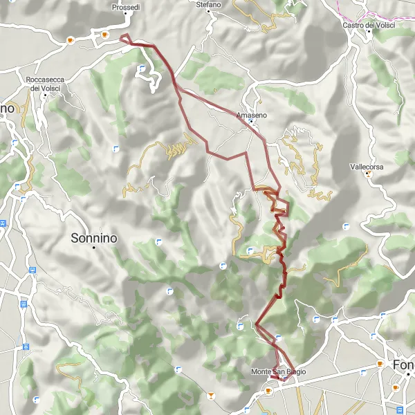 Map miniature of "Gravel Adventure to Monte San Biagio and Madonna della Ripa" cycling inspiration in Lazio, Italy. Generated by Tarmacs.app cycling route planner