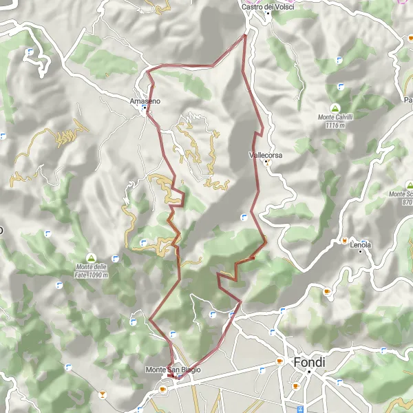 Map miniature of "Gravel Adventure to Madonna della Ripa and Monte Calvo" cycling inspiration in Lazio, Italy. Generated by Tarmacs.app cycling route planner