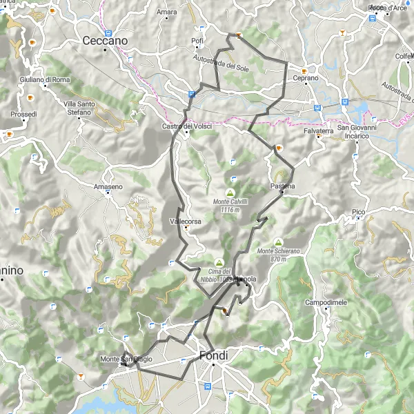 Map miniature of "Monte San Biagio to Fondi and Back" cycling inspiration in Lazio, Italy. Generated by Tarmacs.app cycling route planner