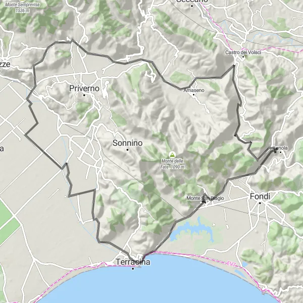 Miniatura della mappa di ispirazione al ciclismo "Tour in bicicletta da Monte San Biagio a Terracina" nella regione di Lazio, Italy. Generata da Tarmacs.app, pianificatore di rotte ciclistiche