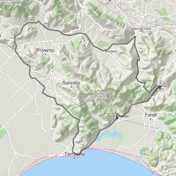 Map miniature of "Monte San Biagio to Ponte del Diavolo Loop" cycling inspiration in Lazio, Italy. Generated by Tarmacs.app cycling route planner