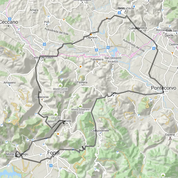 Miniatura della mappa di ispirazione al ciclismo "Giro in bicicletta da Monte San Biagio a Campodimele" nella regione di Lazio, Italy. Generata da Tarmacs.app, pianificatore di rotte ciclistiche