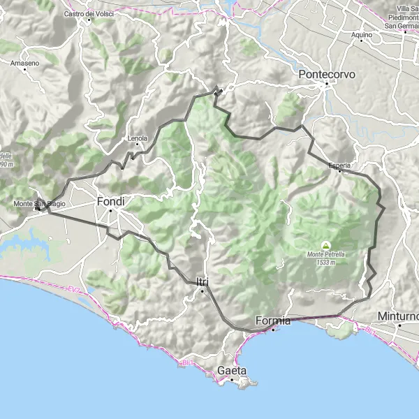 Map miniature of "Monte San Biagio to Penitro Loop" cycling inspiration in Lazio, Italy. Generated by Tarmacs.app cycling route planner