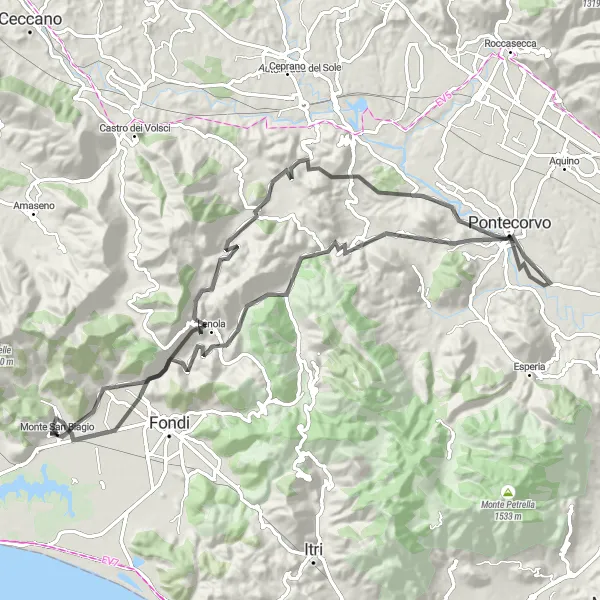 Map miniature of "Road Cycling Adventure to Monte San Biagio and Beyond" cycling inspiration in Lazio, Italy. Generated by Tarmacs.app cycling route planner