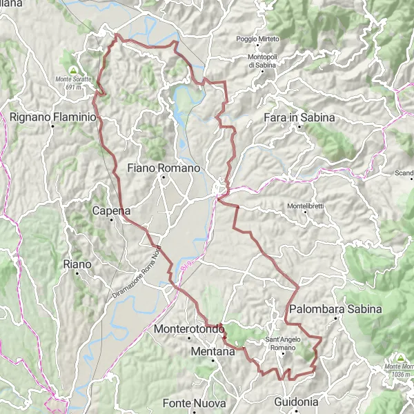 Map miniature of "Gravel Adventure: Discover Scenic Pathways near Montecelio" cycling inspiration in Lazio, Italy. Generated by Tarmacs.app cycling route planner